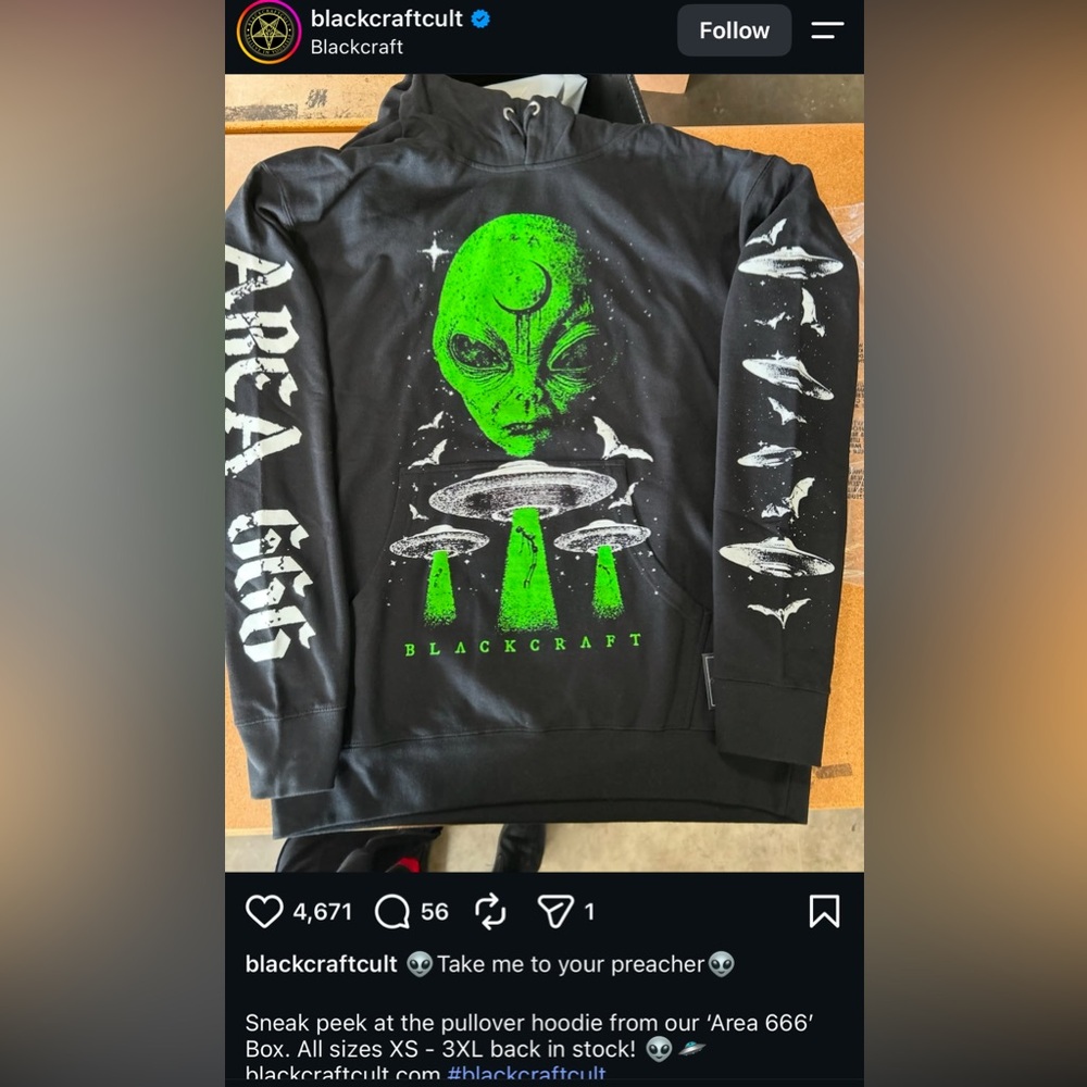 Blackcraft cult alien hoodie area 666 size small